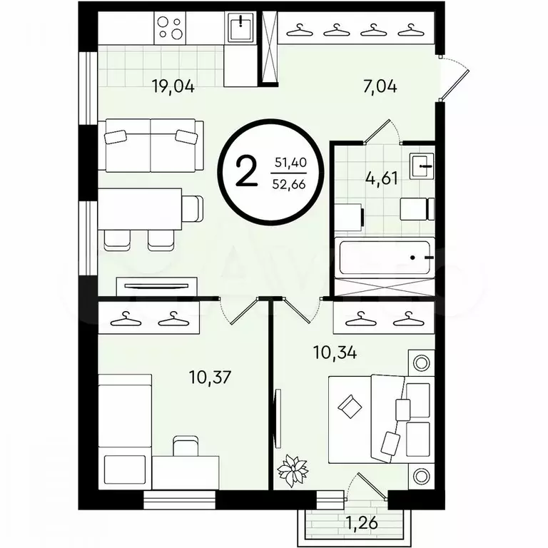 2-к. квартира, 52,7 м, 2/4 эт. - Фото 0