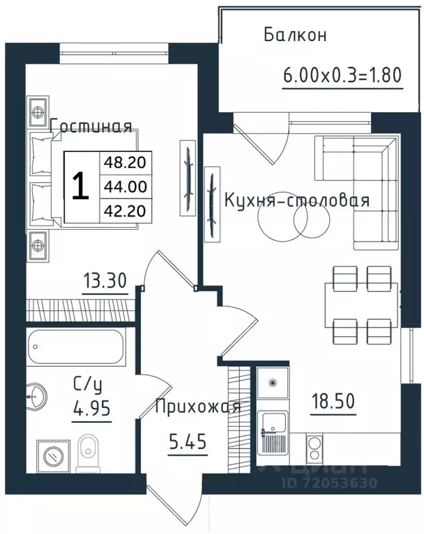 1-к кв. Калининградская область, Янтарный пгт  (48.2 м) - Фото 0