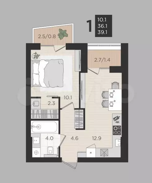 1-к. квартира, 39,1 м, 2/4 эт. - Фото 1