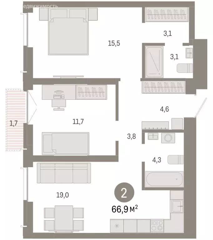 2-комнатная квартира: Новосибирск, Большевистская улица, 66 (66.88 м) - Фото 2