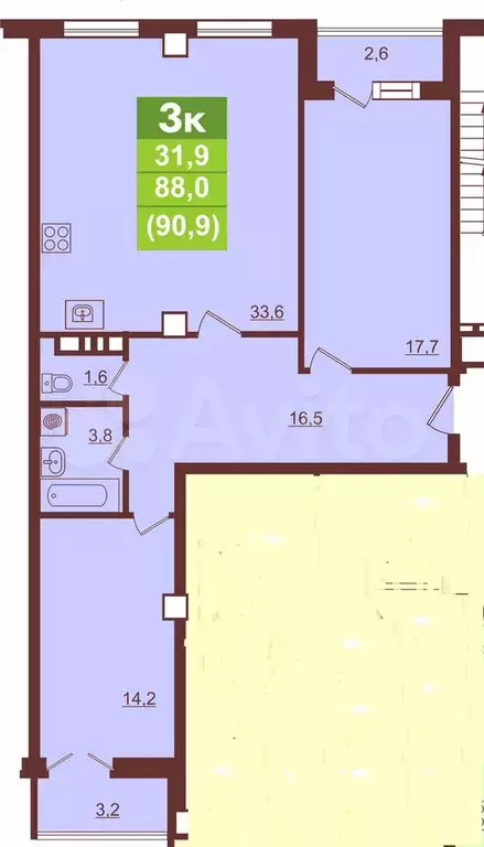 3-к. квартира, 90,9 м, 7/9 эт. - Фото 0