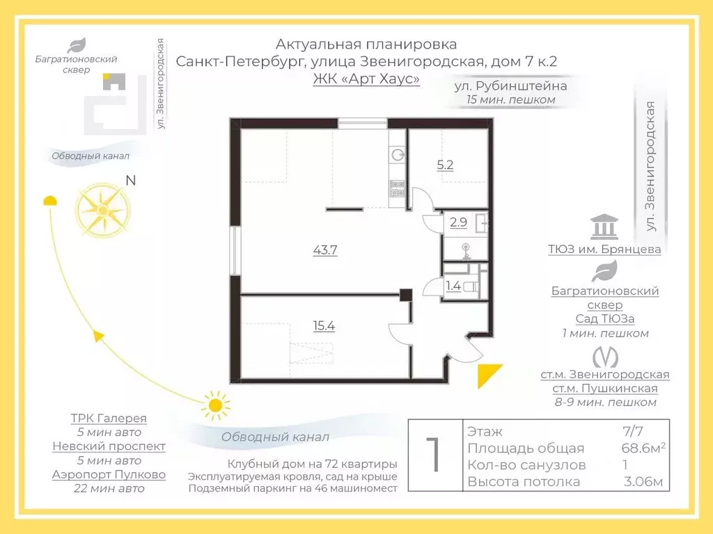 1-к кв. Санкт-Петербург Звенигородская ул., 7к2 (68.6 м) - Фото 2