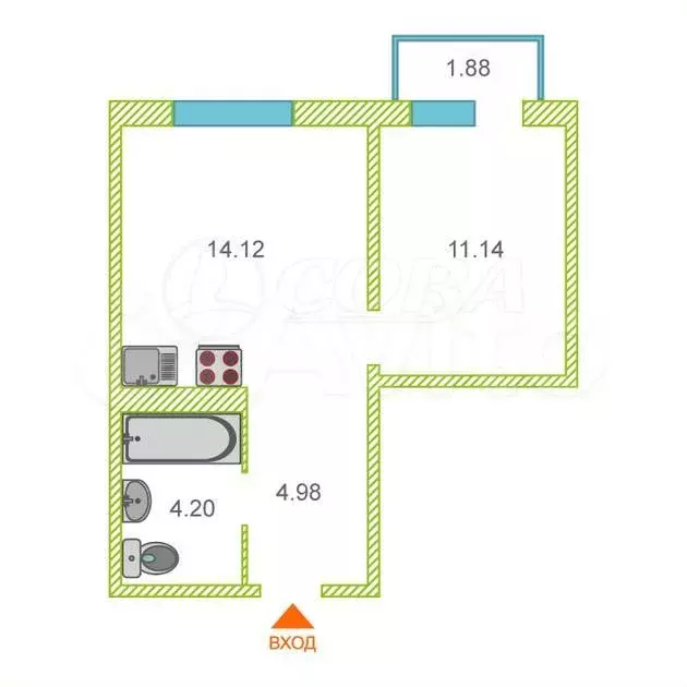 1-к. квартира, 36 м, 2/4 эт. - Фото 0