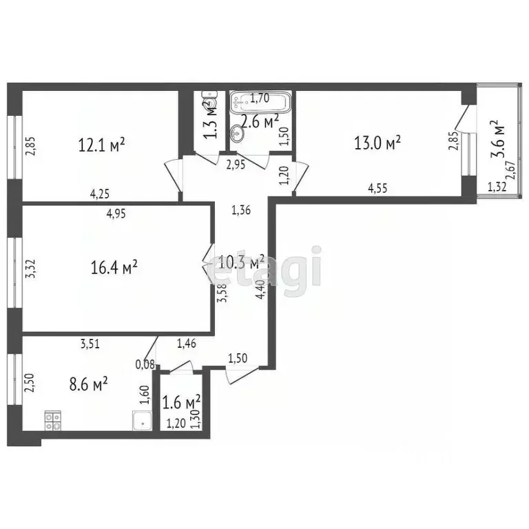 3-к кв. Башкортостан, Стерлитамак ул. Артема, 144 (66.2 м) - Фото 2