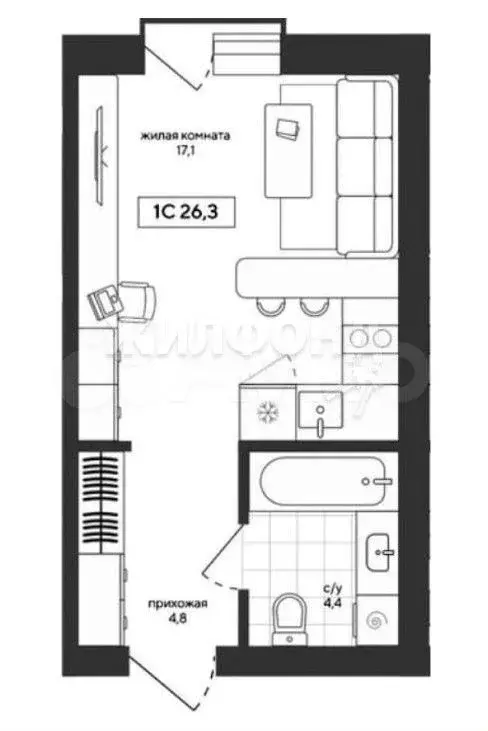 Квартира-студия, 26 м, 4/4 эт. - Фото 0