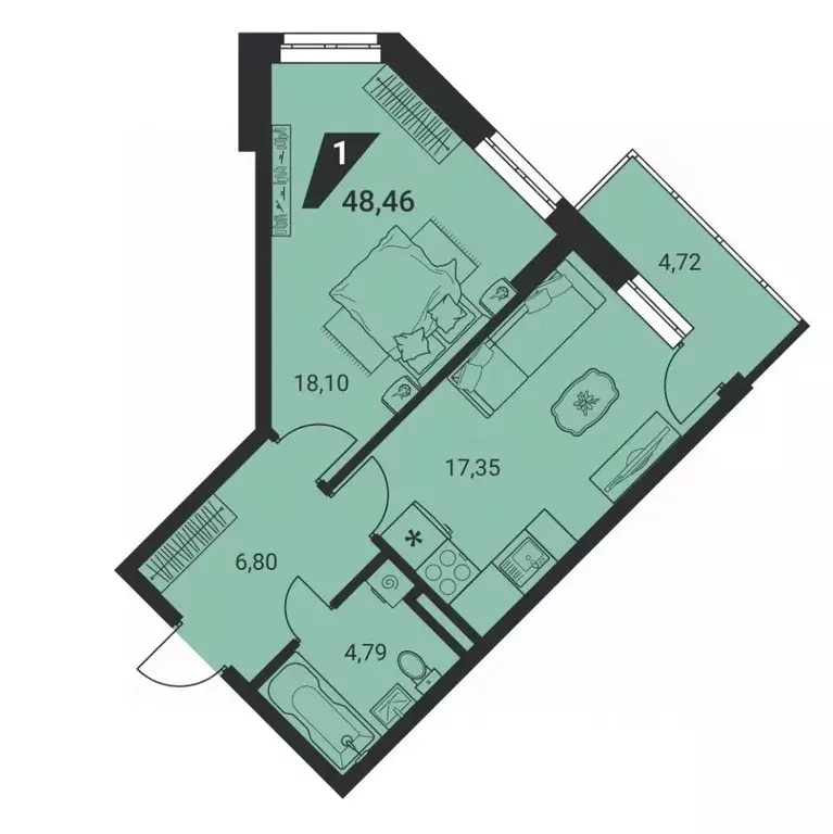 1-к кв. Свердловская область, Екатеринбург ул. Громова, 26/4 (47.9 м) - Фото 2