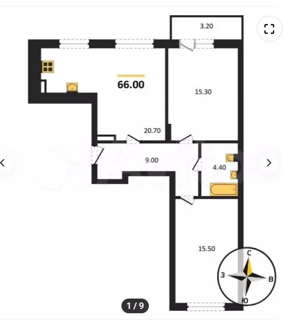 2-к. квартира, 66 м, 2/8 эт. - Фото 1