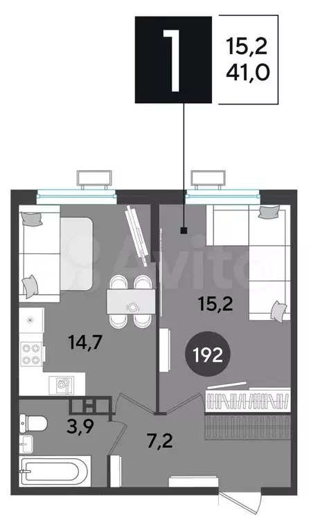 1-к. квартира, 41 м, 6/9 эт. - Фото 1