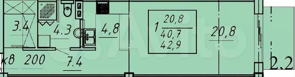 1-к. квартира, 42,9 м, 1/8 эт. - Фото 1