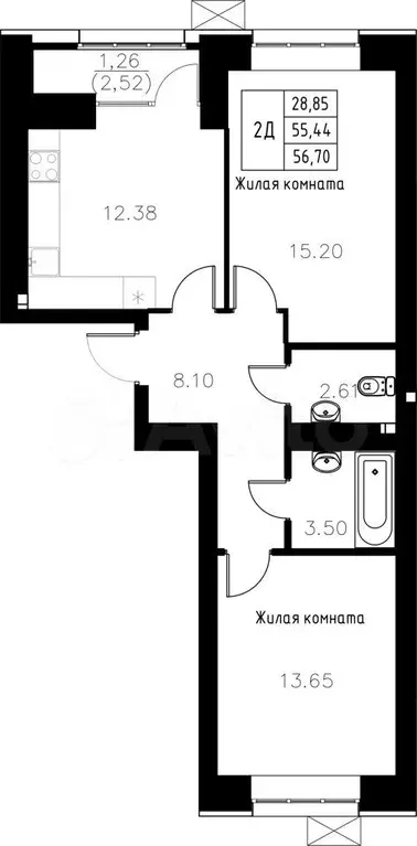 2-к. квартира, 56,7 м, 5/15 эт. - Фото 0