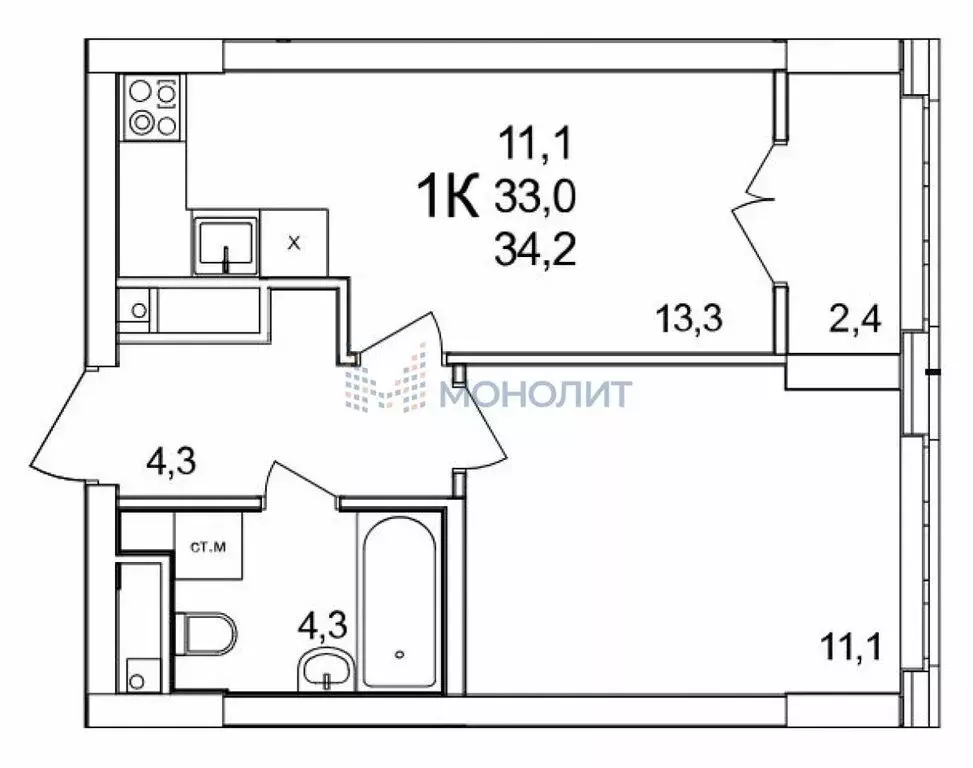 1-комнатная квартира: деревня Анкудиновка, Черкесская улица, 17 (34.2 ... - Фото 0