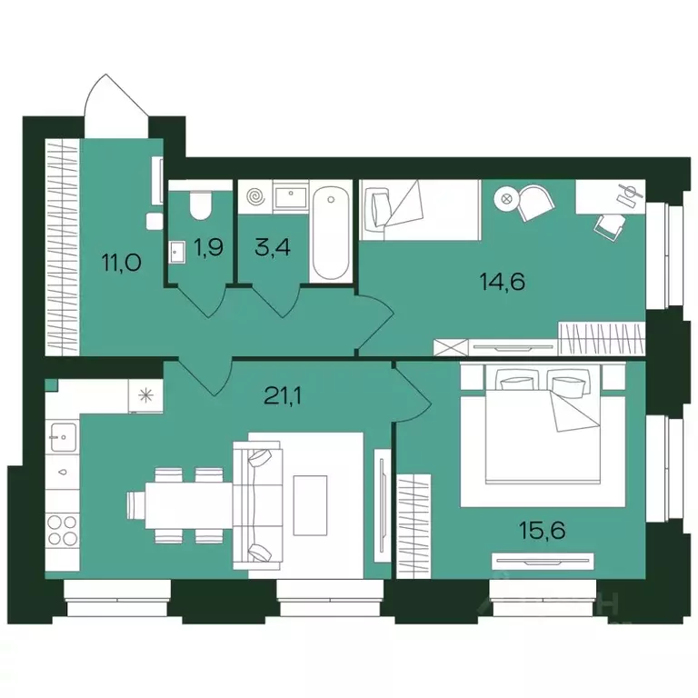 2-к кв. Чувашия, Чебоксары просп. Чебоксарский (67.6 м) - Фото 1