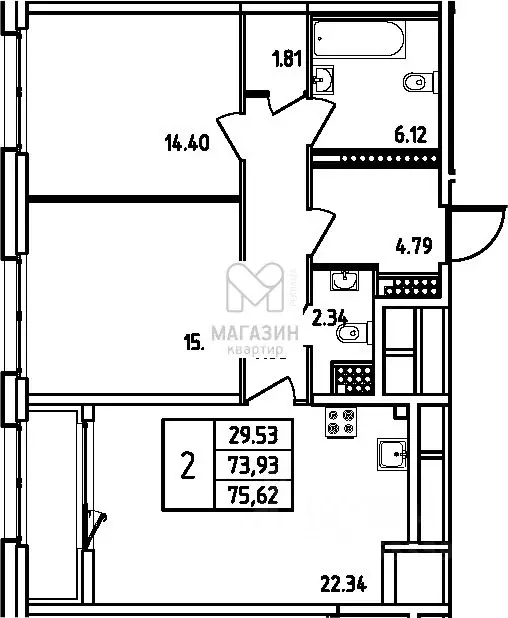3-к кв. Санкт-Петербург ул. Типанова, 22 (73.93 м) - Фото 0