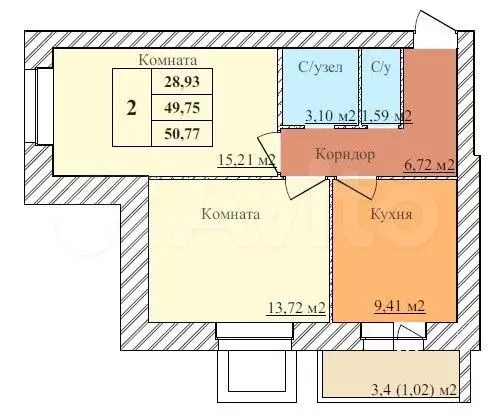 2-к. квартира, 50,8 м, 5/5 эт. - Фото 0
