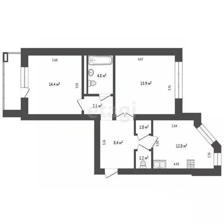 2-к кв. Тюменская область, Тюмень ул. 50 лет Октября, 24к1 (60.6 м) - Фото 2