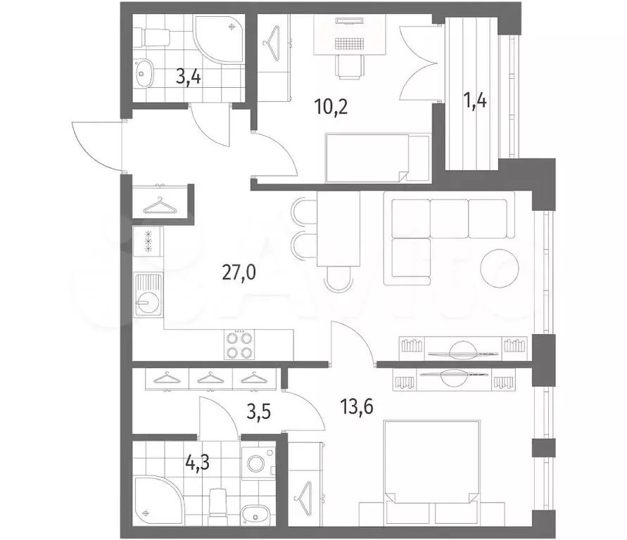 2-к. квартира, 63,4 м, 2/9 эт. - Фото 1