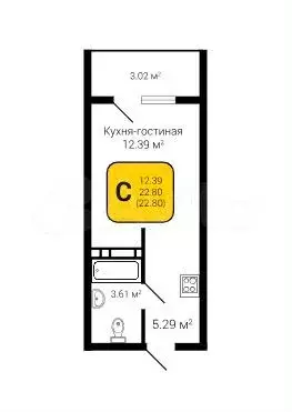 Квартира-студия, 22,8 м, 6/8 эт. - Фото 1