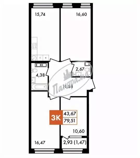 3-к кв. Калужская область, Калуга ул. Адмирала Сенявина, 1 (82.5 м) - Фото 2
