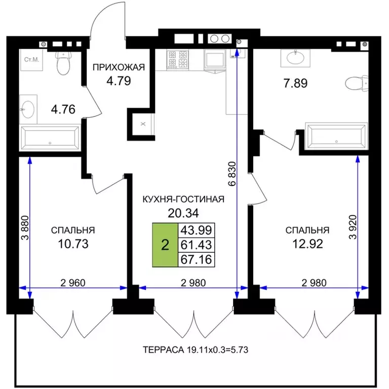2-к кв. Калининградская область, Гурьевск Включи жилой комплекс (67.16 ... - Фото 1