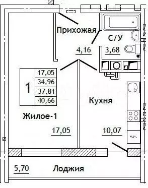 1-к. квартира, 40,7 м, 7/10 эт. - Фото 0