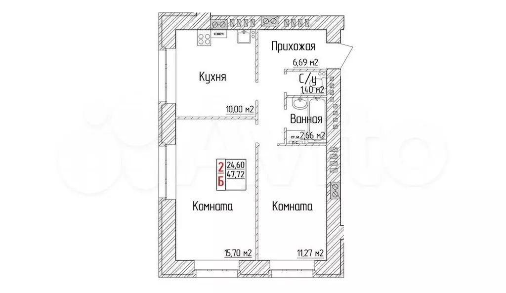 2-к. квартира, 47,7 м, 3/4 эт. - Фото 1