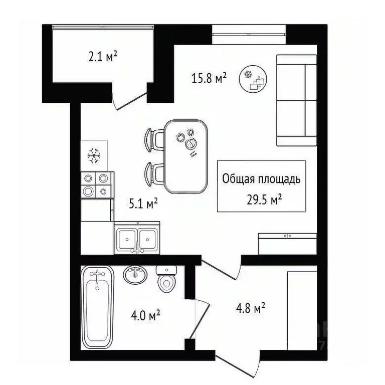 Студия Новосибирская область, Новосибирск ул. Кирова, 276 (29.5 м) - Фото 1