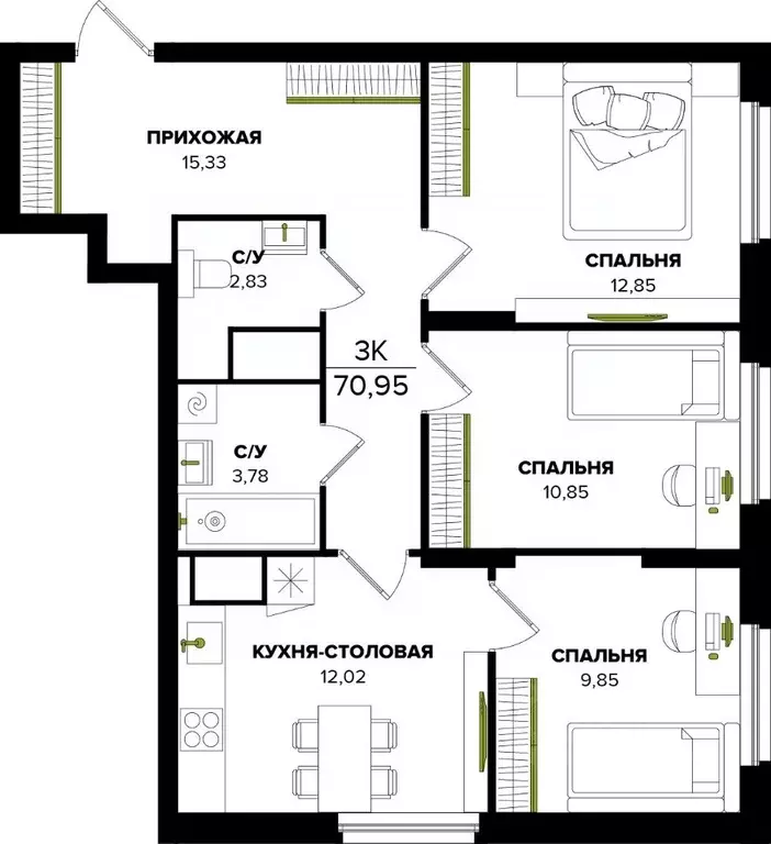 3-к кв. Тульская область, Тула ул. Академика Насоновой (70.95 м) - Фото 1