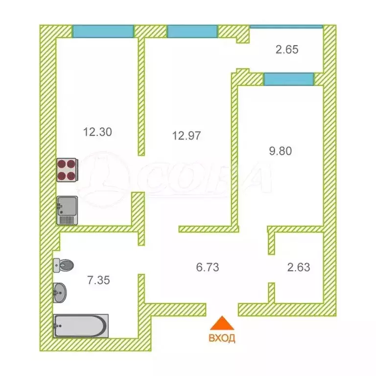 2-комнатная квартира: Тюмень, улица Василия Севергина, 5 (53.2 м) - Фото 1