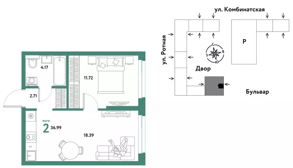 2-комнатная квартира: Екатеринбург, Ленинский район (36.99 м) - Фото 1
