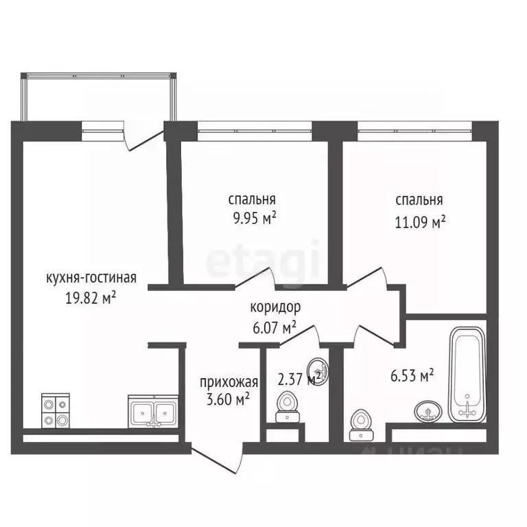 2-к кв. Тюменская область, Тюмень Профсоюзная ул., 6к1 (60.9 м) - Фото 2