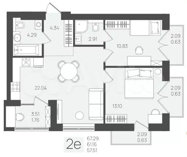 2-к. квартира, 59,3 м, 5/5 эт. - Фото 1