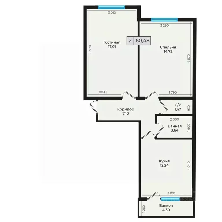 2-к кв. Ставропольский край, Невинномысск ул. Дунаевского, 11Г (60.48 ... - Фото 1
