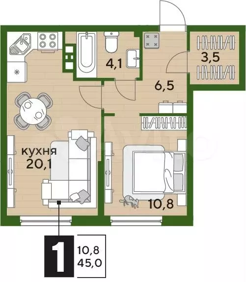 1-к. квартира, 45 м, 6/16 эт. - Фото 1