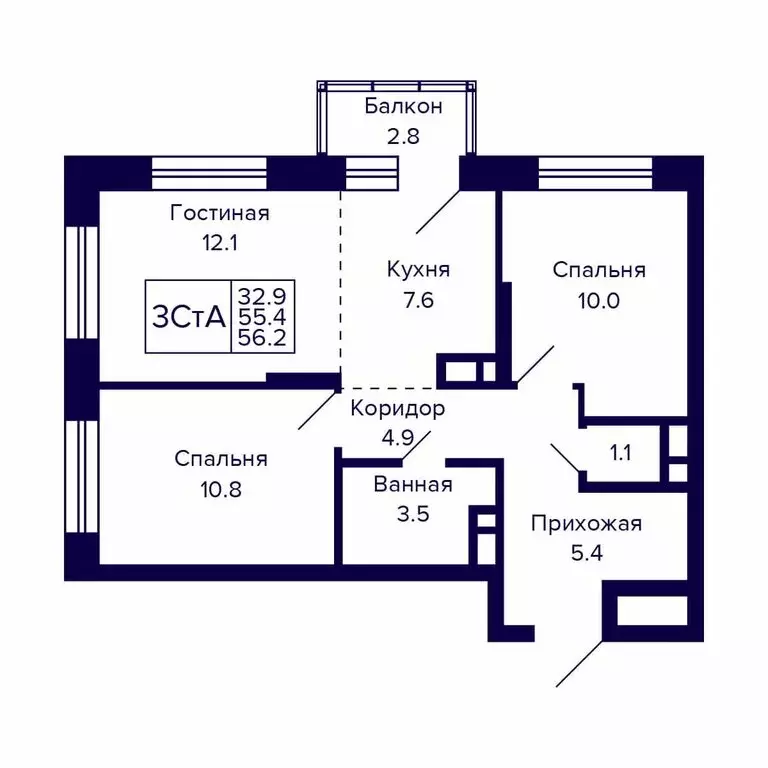 3-комнатная квартира: Новосибирск, Красносельская улица (56.2 м) - Фото 0