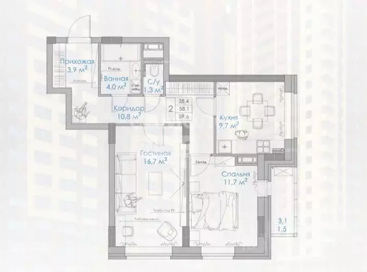 2-к кв. Липецкая область, Липецк Московская ул., 159к2 (59.6 м) - Фото 2