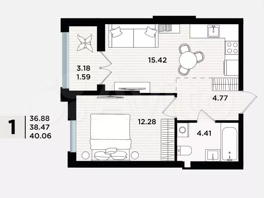 1-к. квартира, 38,5 м, 2/5 эт. - Фото 1