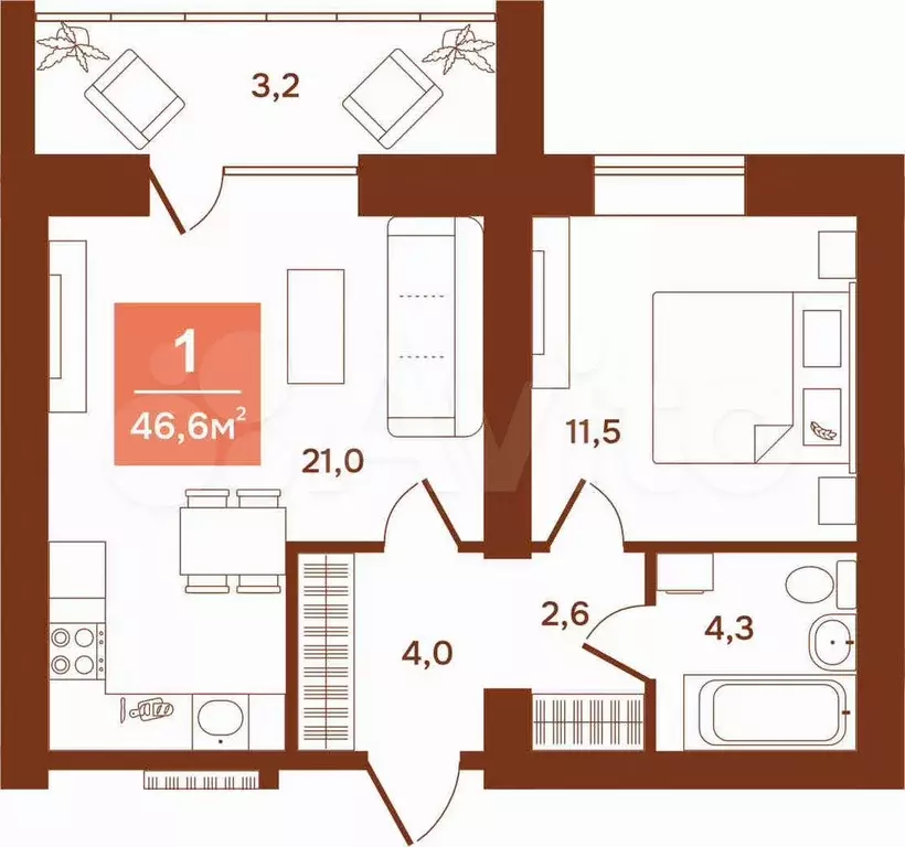 1-к. квартира, 46,6 м, 1/9 эт. - Фото 0