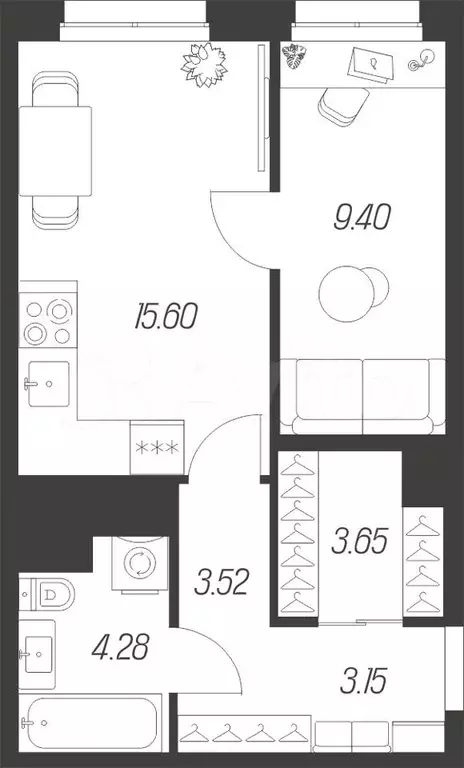 1-к. квартира, 39,6 м, 7/10 эт. - Фото 0