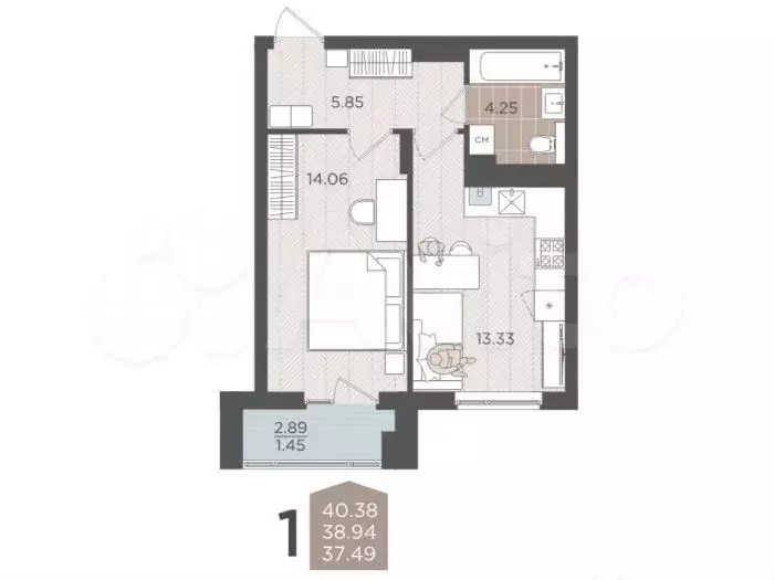 1-к. квартира, 38,9 м, 3/9 эт. - Фото 1
