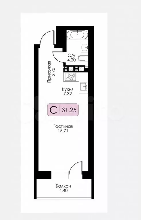 Квартира-студия, 31,3 м, 3/17 эт. - Фото 0