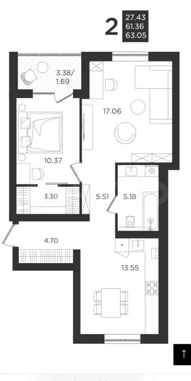 2-к. квартира, 61,3 м, 3/4 эт. - Фото 1