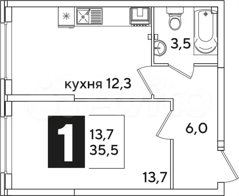 1-к. квартира, 35,5 м, 1/16 эт. - Фото 0