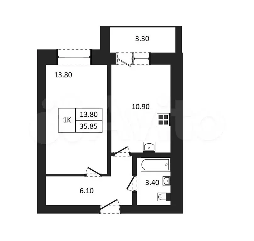 1-к. квартира, 35,9 м, 1/9 эт. - Фото 1