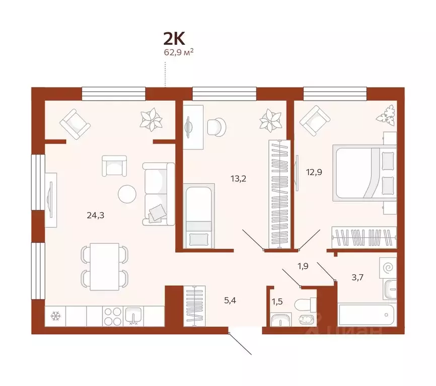 2-к кв. Тюменская область, Тюмень  (62.89 м) - Фото 0