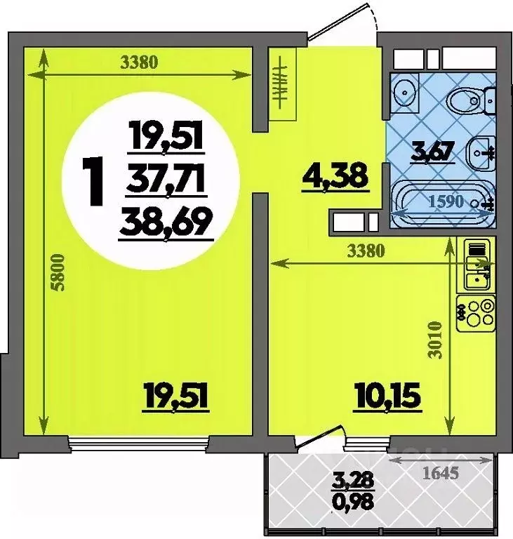 1-к кв. Адыгея, Майкоп ул. Михайлова, 7 (38.69 м) - Фото 1