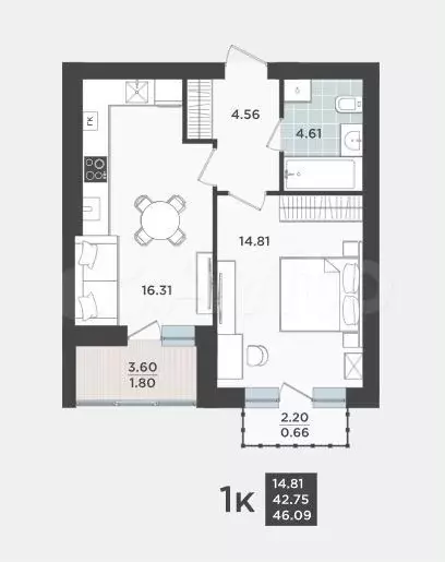 1-к. квартира, 46,1 м, 9/9 эт. - Фото 1