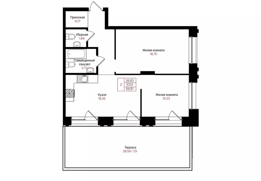 2-к кв. Татарстан, Казань Лето жилой комплекс (57.01 м) - Фото 1