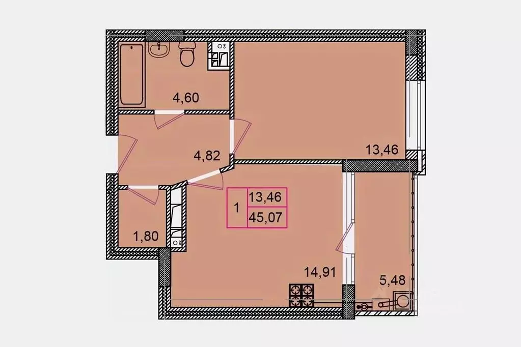 1-к кв. Курская область, Курск ул. Халтурина, 6А (45.07 м) - Фото 1