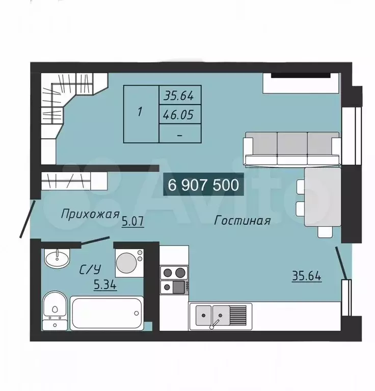 2-к. квартира, 46 м, 3/4 эт. - Фото 1