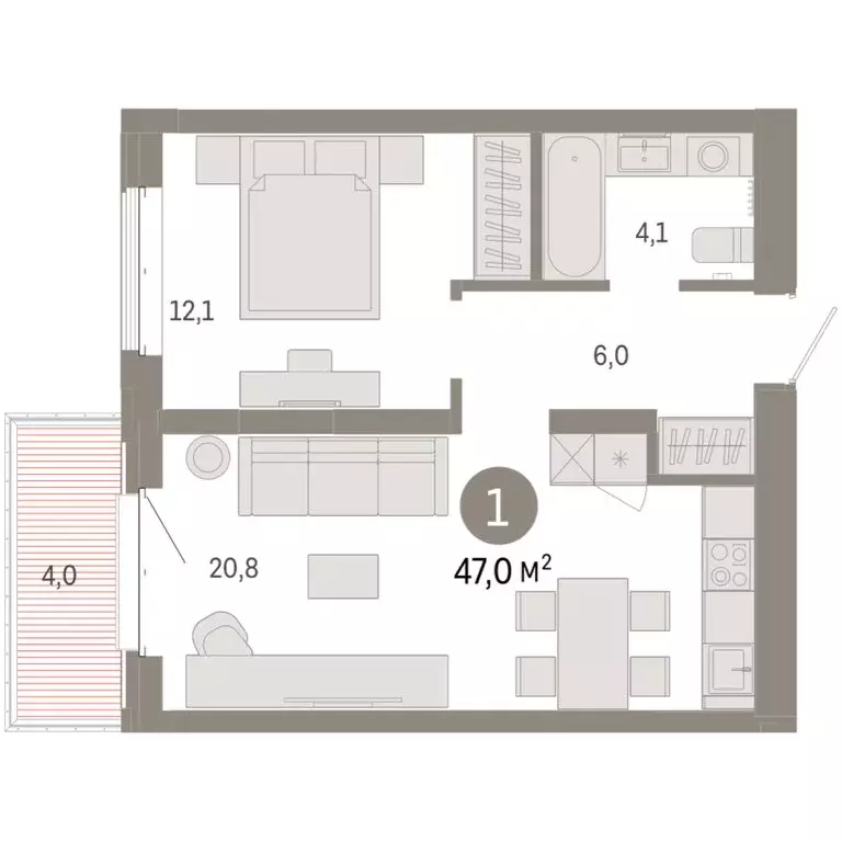 1-комнатная квартира: Тюмень, жилой комплекс На Минской (47.01 м) - Фото 2